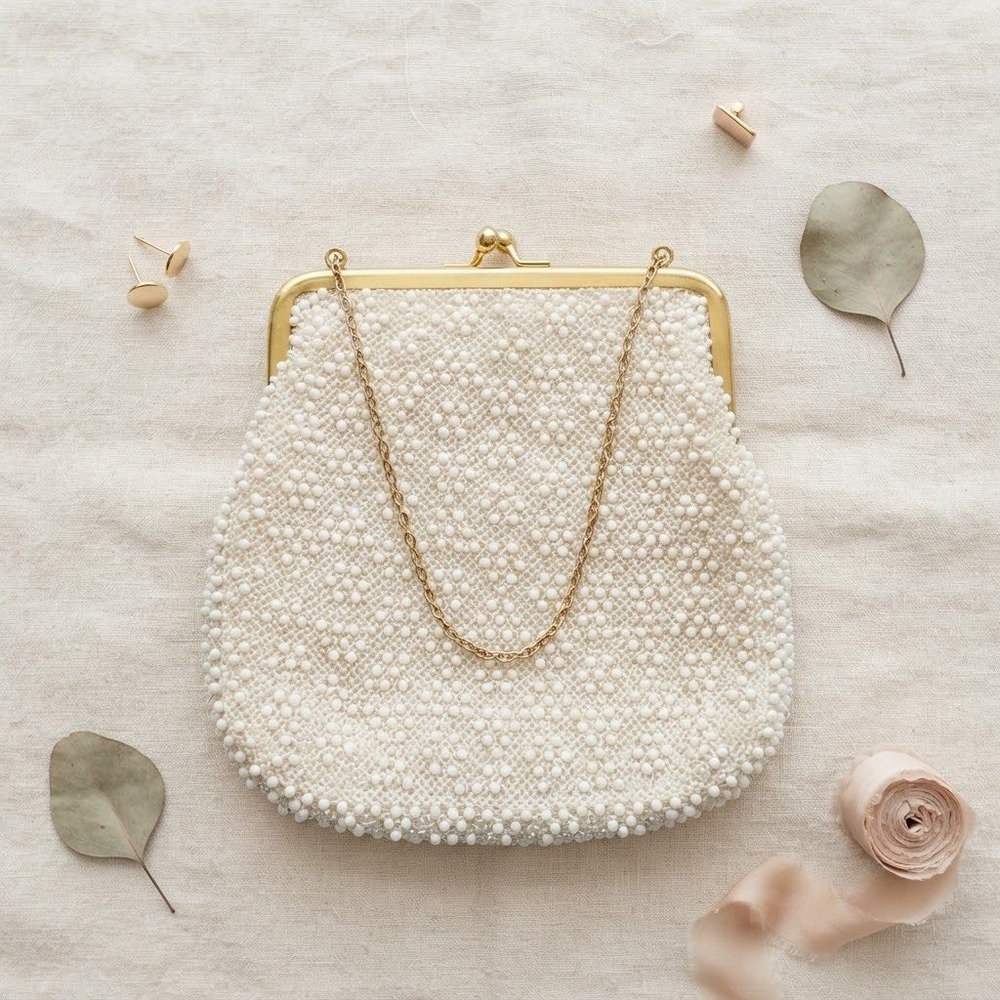 Corde Bead Clutch Bag Womens Small White Beaded Vintage Wedding Bridal Coquette